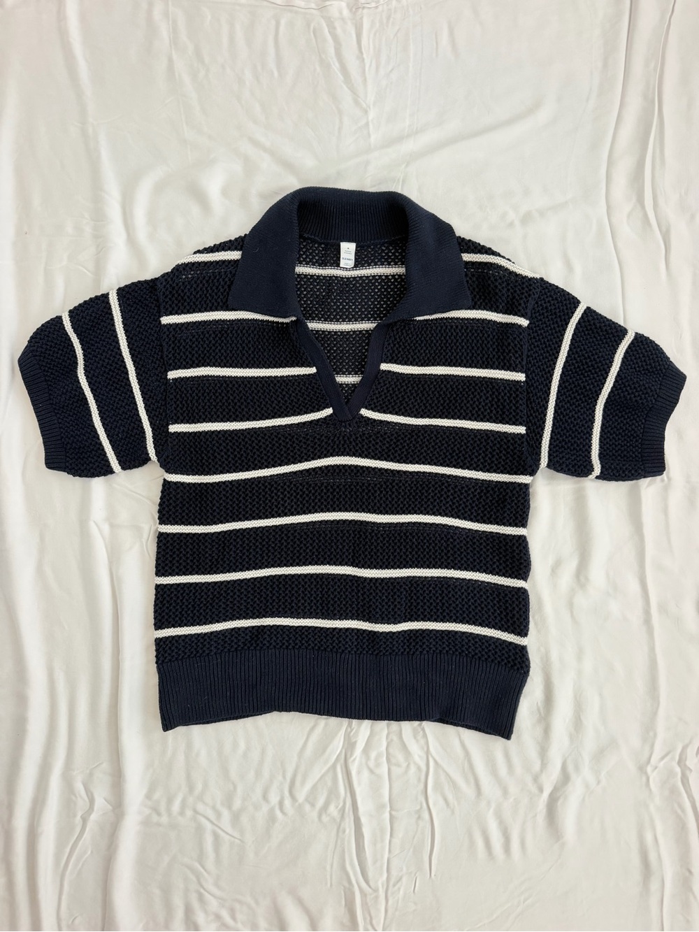 Old Navy Navy and White Crochet Striped Short-Sleeve Polo Top